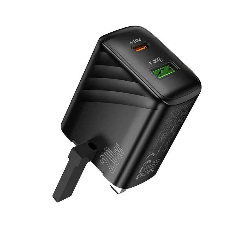 Hoco Rico 20W USB-C PD 18W USB-A QC3.0 Dual Port Wall Charger – Fast Charge, Universal (Black) thumbnail 2