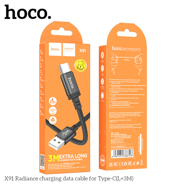 Hoco Radiance 3A USB-A to USB-C Extra Long Fast Charging Braided Data Cable – 3m (Black)