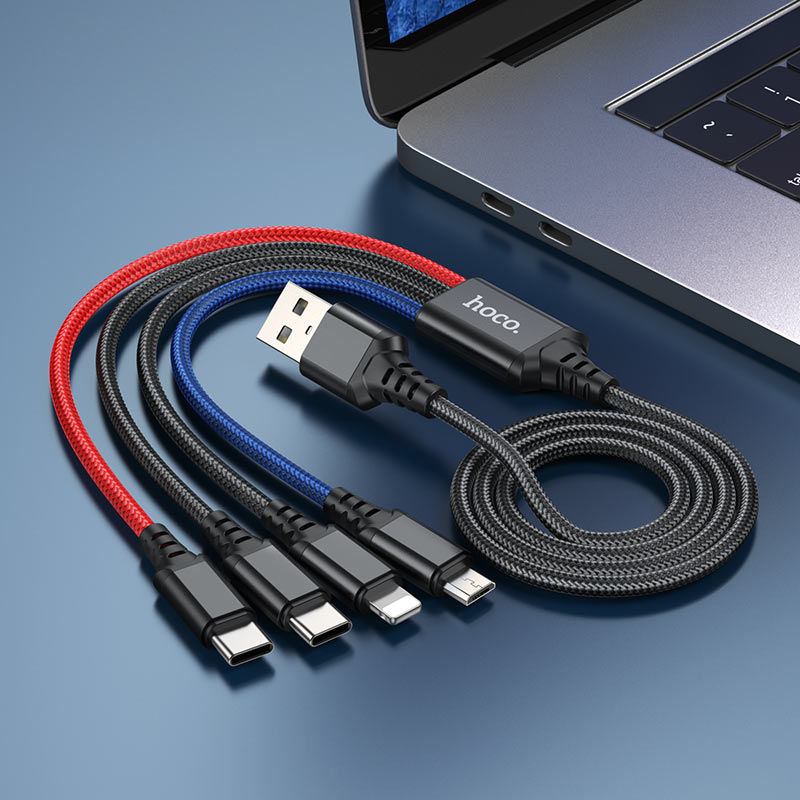 Hoco 4-in-1 Super Charging Cable – USB-C x2, Lightning & Micro USB, 2A, 1m (Black/Red/Blue) thumbnail 3