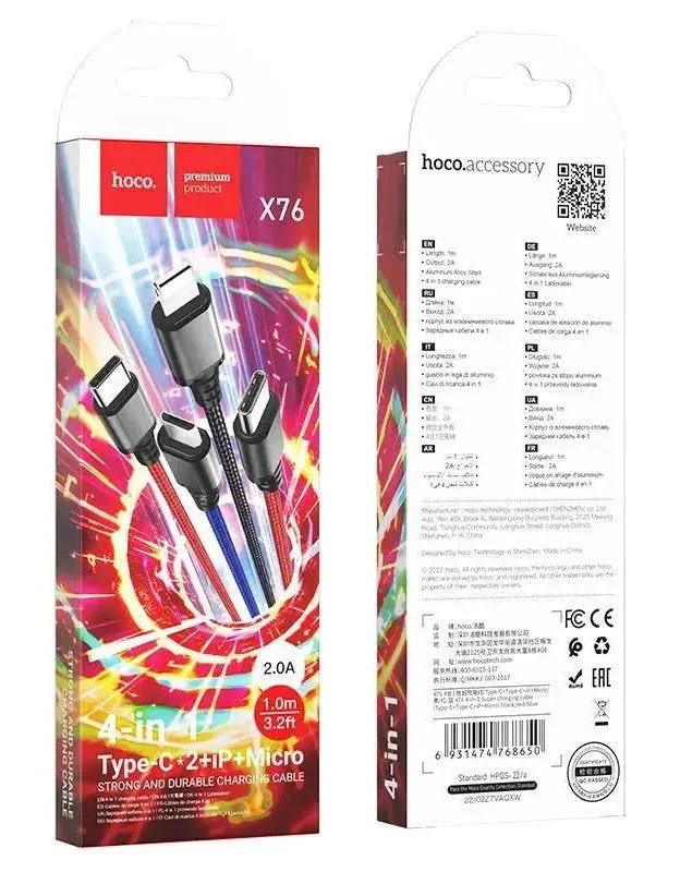 Hoco 4-in-1 Super Charging Cable – USB-C x2, Lightning & Micro USB, 2A, 1m (Black/Red/Blue)