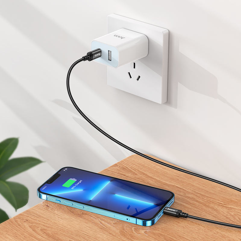 Hoco Wind 27W USB-C to Lightning PD Fast Charging Braided Data Cable – 1m (Black) thumbnail 3