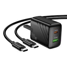 Hoco Rico 20W USB-C PD & 18W USB-A QC3.0 Dual Port Wall Charger – USB-C to C/USB, Fast Charge, Universal (Black) thumbnail 2