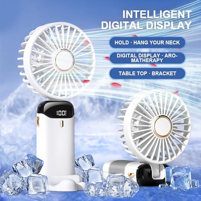 Rainberg Portable Handheld Fan with LED Display, 5-Speed Settings, 5000mAh Battery, 90-Degree Adjustable, Desk Fan, Hand Fan (White)