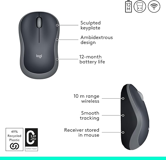 Logitech M185 Wireless Mouse 2.4GHz with USB Mini Receiver 12-Month Battery Life 1000 DPI Optical Tracking Ambidextrous thumbnail 2