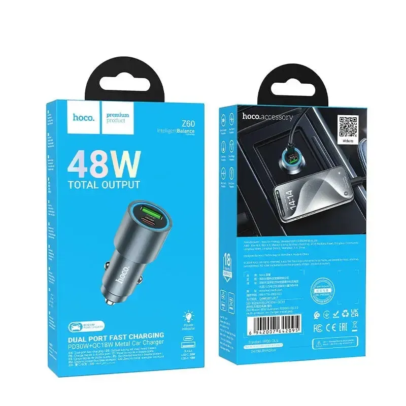 Hoco Z60 Bloom 48W Dual-Port PD30W And QC3.0 Multi-Protocol Car Charger Gray