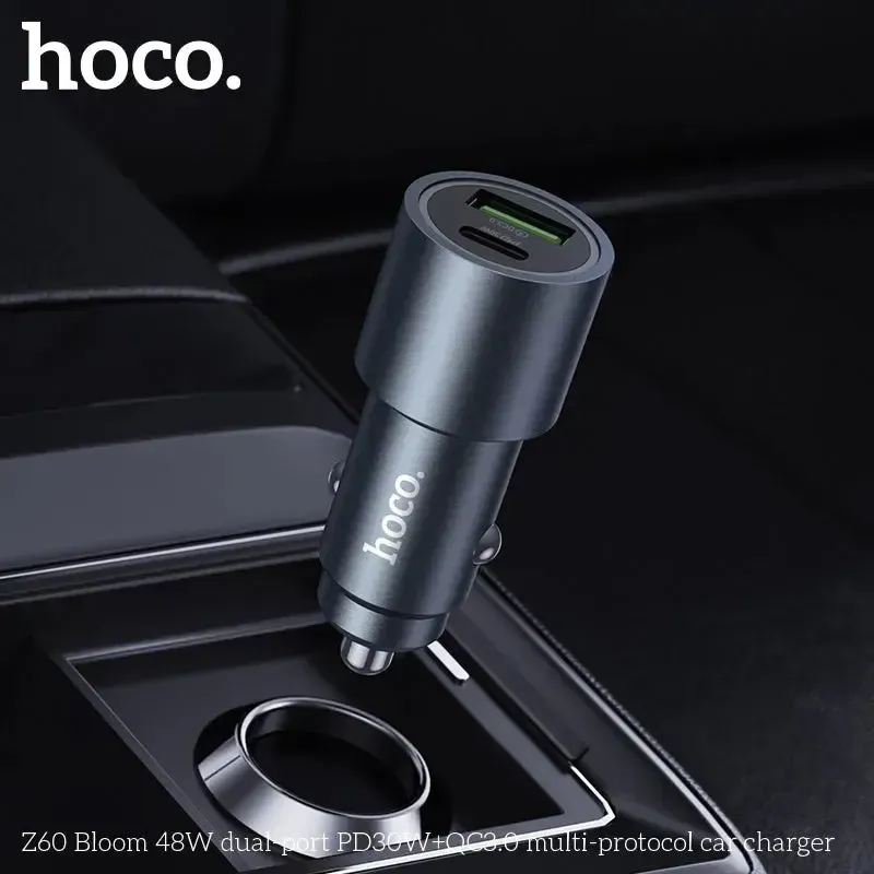 Hoco Z60 Bloom 48W Dual-Port PD30W And QC3.0 Multi-Protocol Car Charger Gray thumbnail 2