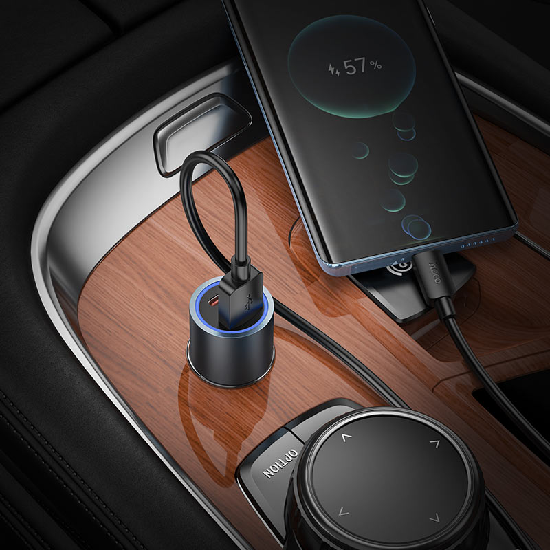 Hoco Z60 Bloom 48W Dual-Port PD30W And QC3.0 Multi-Protocol Car Charger Gray thumbnail 3