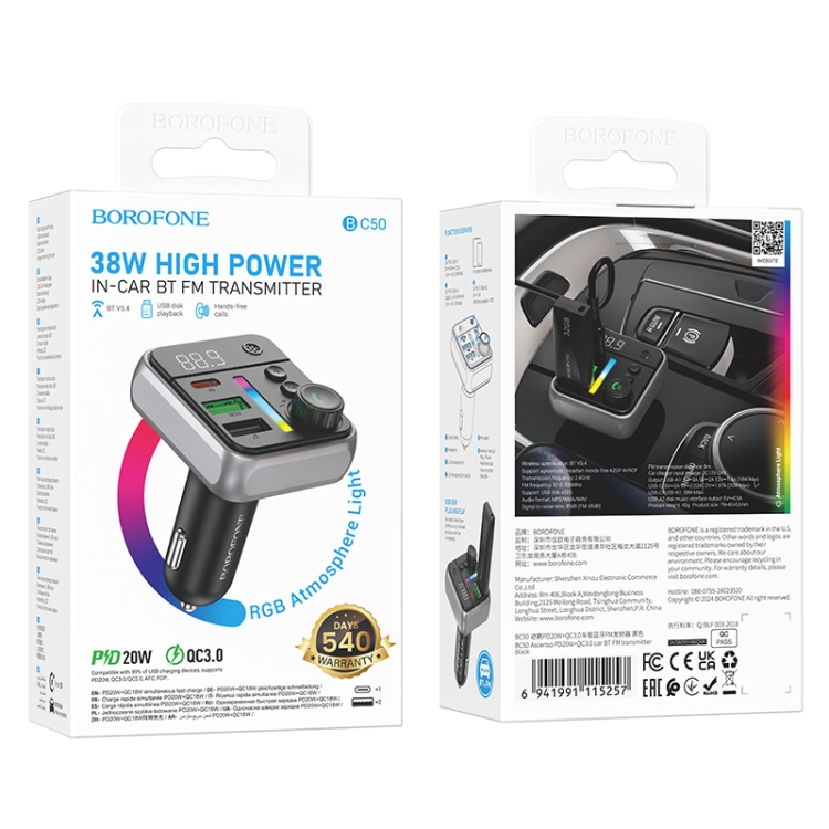 Borofone BC50 Ascenso PD20W & QC3.0 Car Bluetooth FM Transmitter(Black)