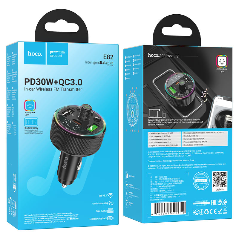 HOCO Car charger “E82 Guerrero” PD30W QC3.0 with wireless FM transmitter