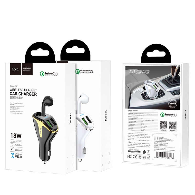HOCO Car charger “E47 Traveller” with wireless headset BLACK