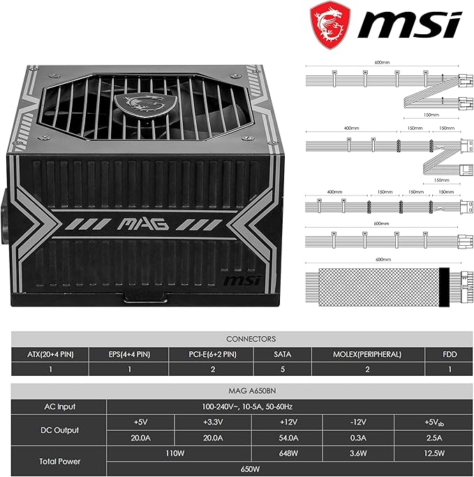 MSI MAG A650BN Power Supply Unit, UK Plug - 650W, 80 Plus Bronze Certified thumbnail 2