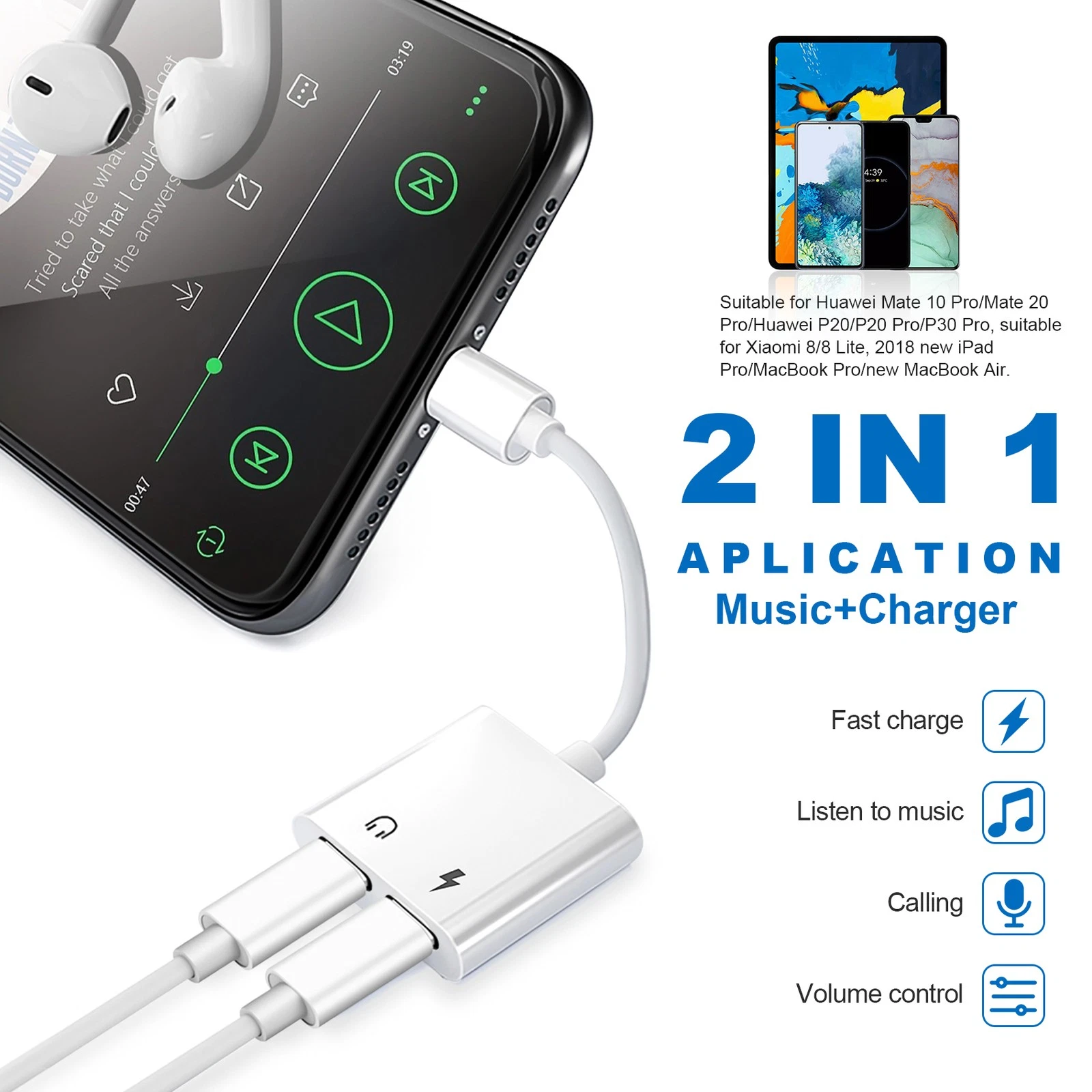 2 in 1 Dual Type C Headphone Adapter USB-C Splitter thumbnail 3