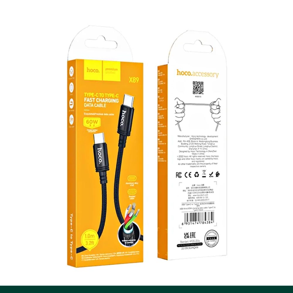 HOCO Cable Type-C to Type-C “X89 Wind”  1 meter , PD 60W fast charge / black colour