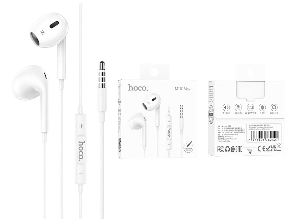Earphones Max for 3.5mm Audio Jack. Wired, In-ear, Mic, Volume and Call answer buttons. Plug and Play. Hoco M101 Max. White.