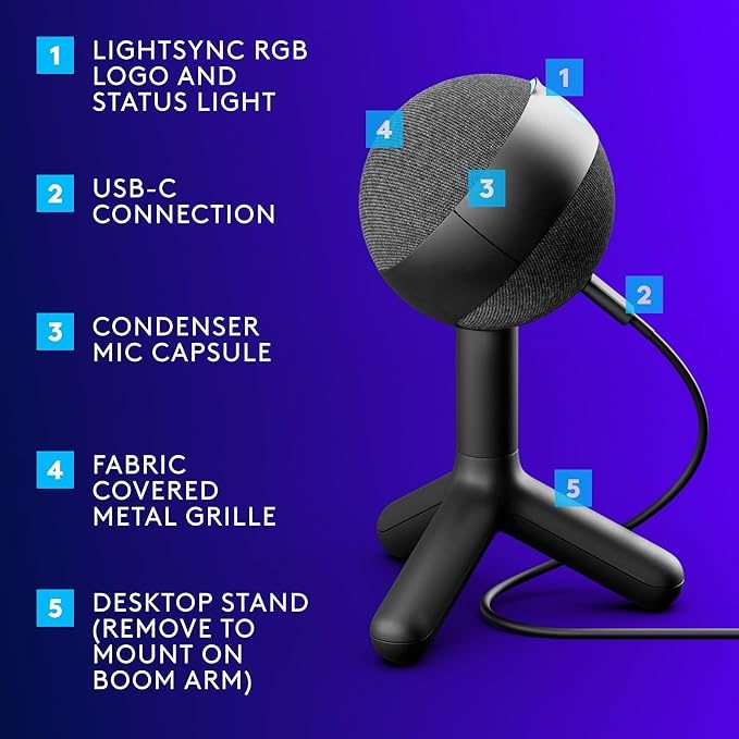 Logitech G Yeti Orb Condenser RGB Gaming Microphone with LIGHTSYNC, Mic for Streaming, Cardioid, USB Plug and Play for PC/Mac-Black thumbnail 2