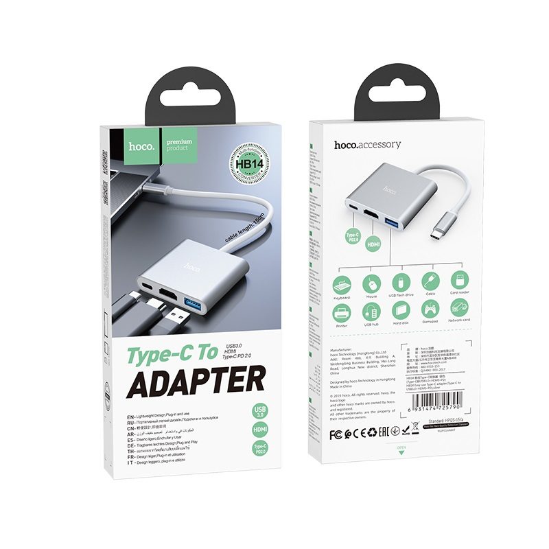 Hoco HB14 Easy use hub converter Type-C to USB3.0 + HDTV + PD compatible with most operating systems.