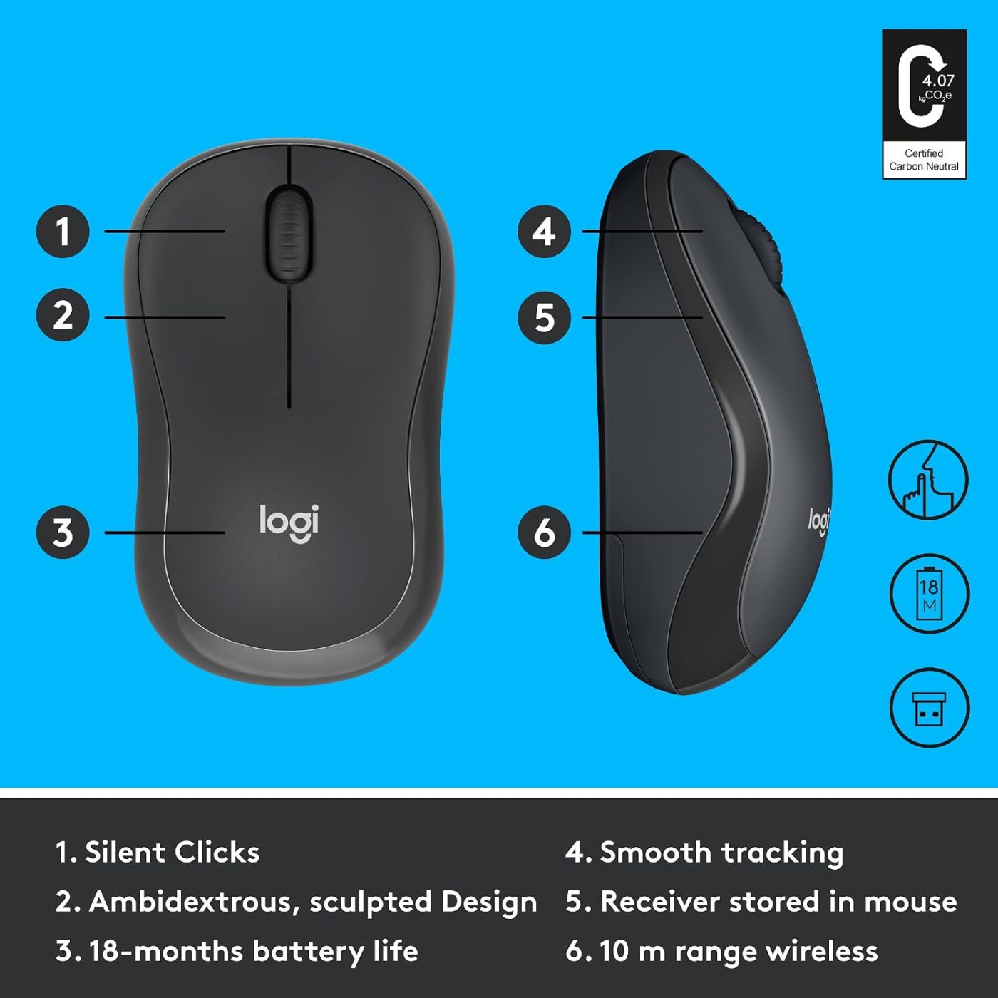 Logitech M220 SILENT Wireless Mouse, 2.4 GHz with USB Receiver, 1000 DPI Optical Tracking, 18-Month Battery,