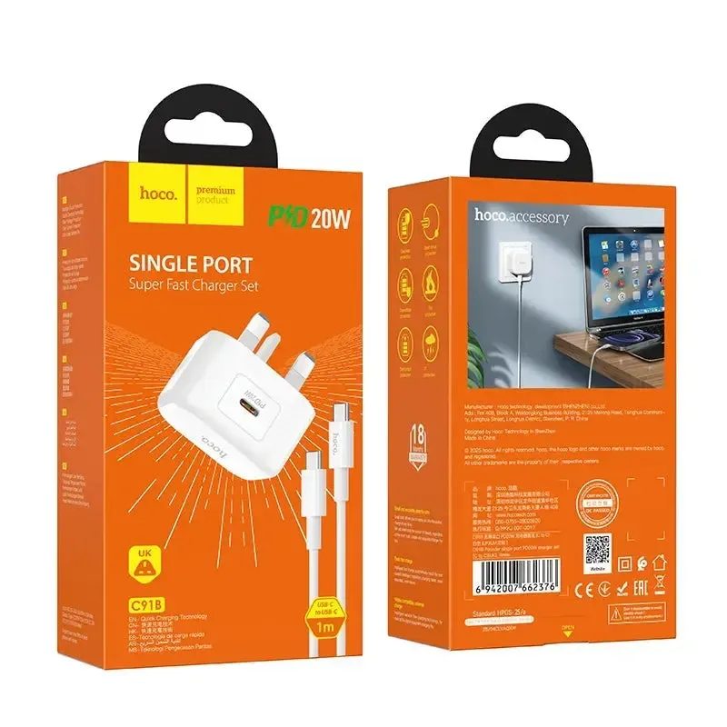 Hoco C91B Founder Single Port PD20W Type-C To C Charger Set / White colour