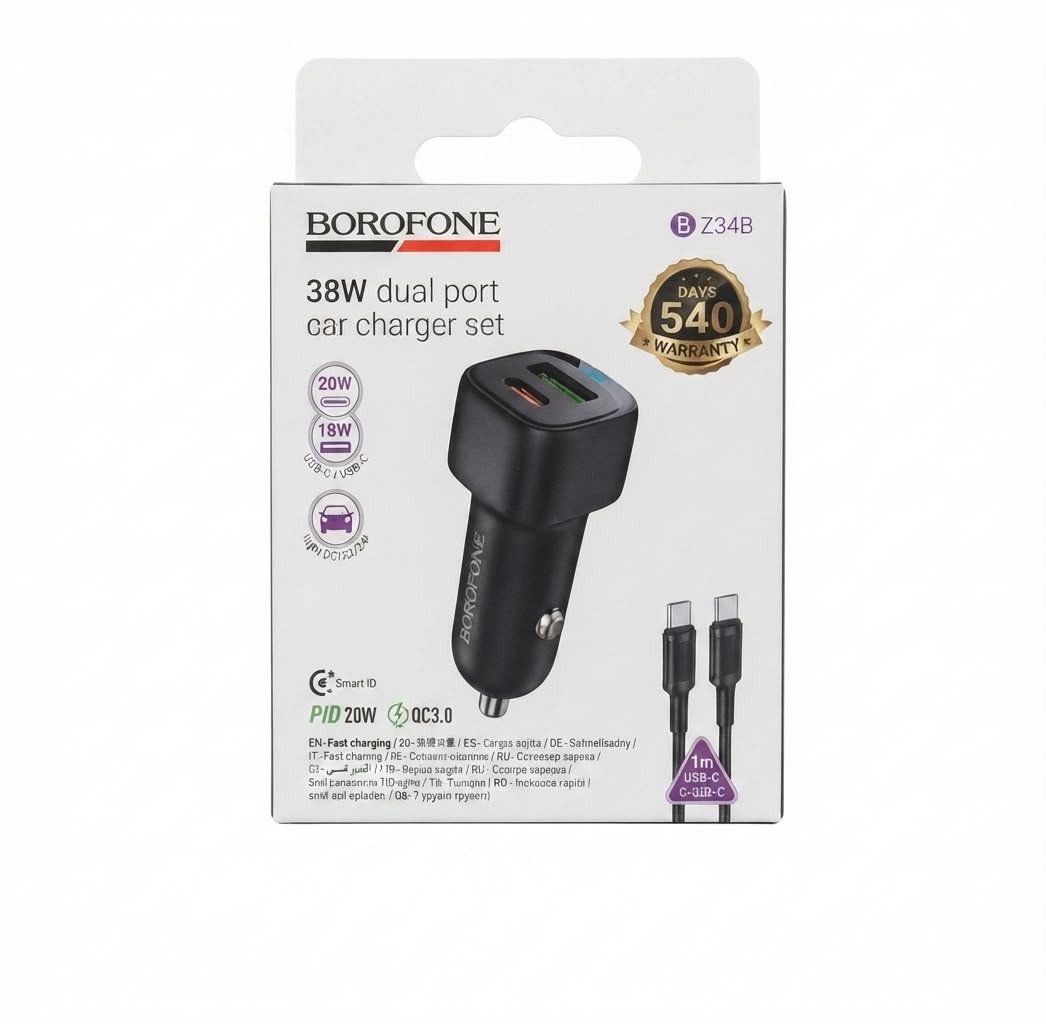 BOREFONE Z34B 38W DUAL PORT CAR CHARGER SET WITH TYPE-C TO C CABLE / BLACK COLOUR