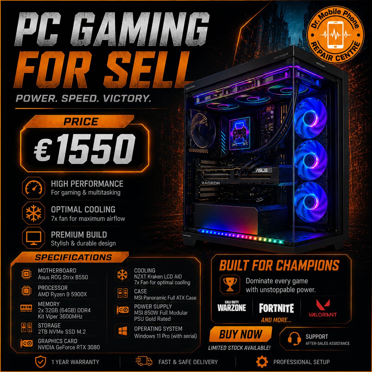 GAMING PC RYZEN 9 5900X , NVIDIA RTX3080, 64GB RAM DD4, 2TB SSD