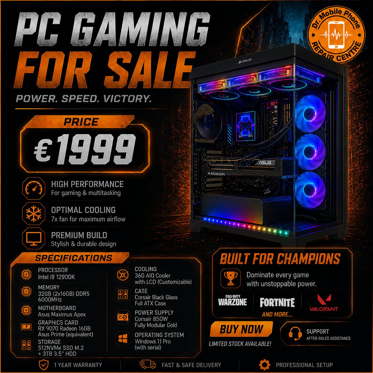 GAMING PC INTEL I9-12TH GEN ,32GB RAM DDR5 6000MHZ,  Radeon RX 9070, 512 SSD M2 + 3TB HDD