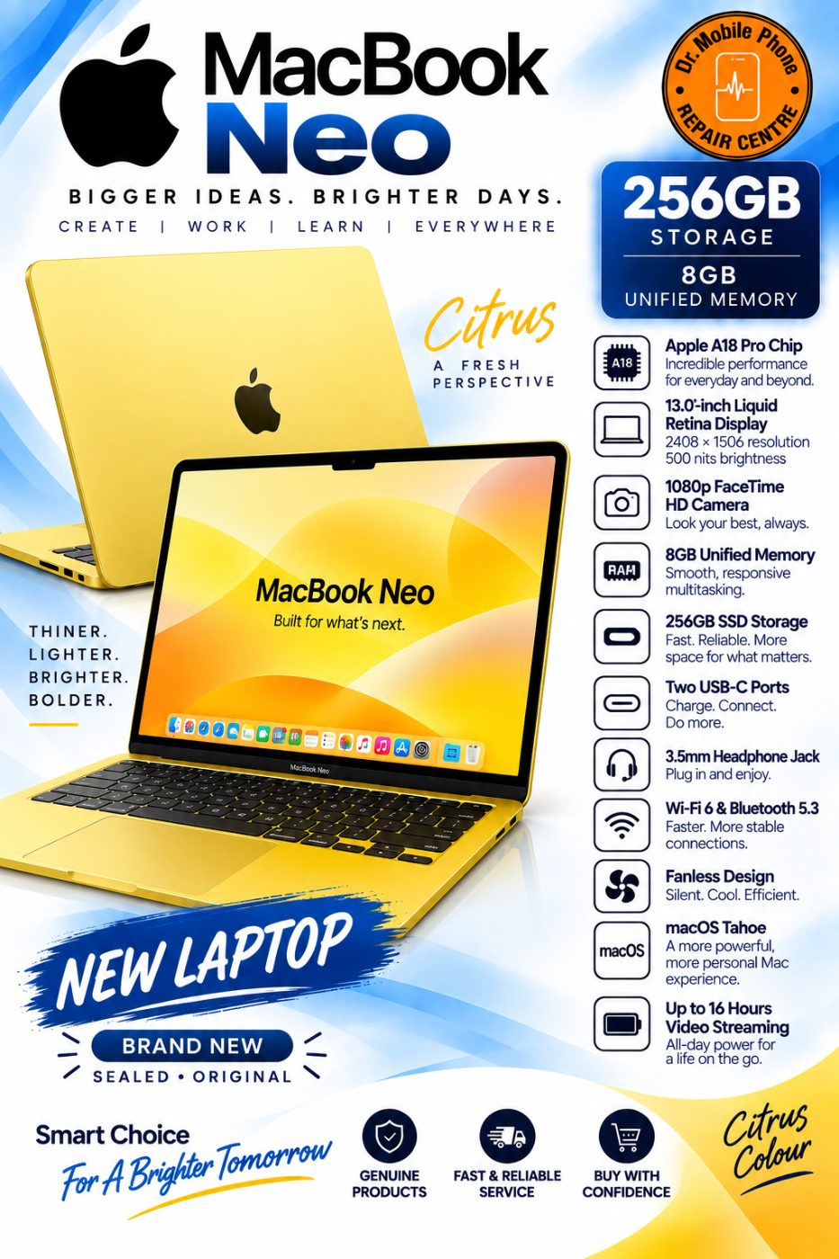 Apple MacBook Neo 13-inch Laptop with A18 Pro chip: Built for AI and Apple Intelligence, Liquid Retina Display, 8GB Unified Memory, 256GB SSD Storage, 1080p FaceTime HD Camera /  Citrus colour